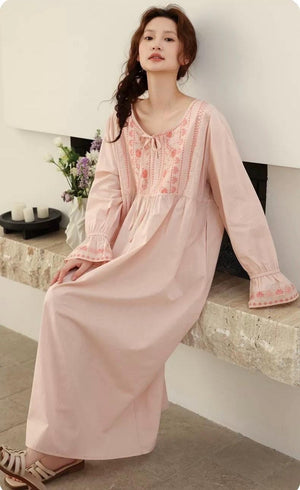 Lian Loungewear bamboo cotton embroidered pajama dress with floral embroidery, soft and comfortable sleepwear for women.