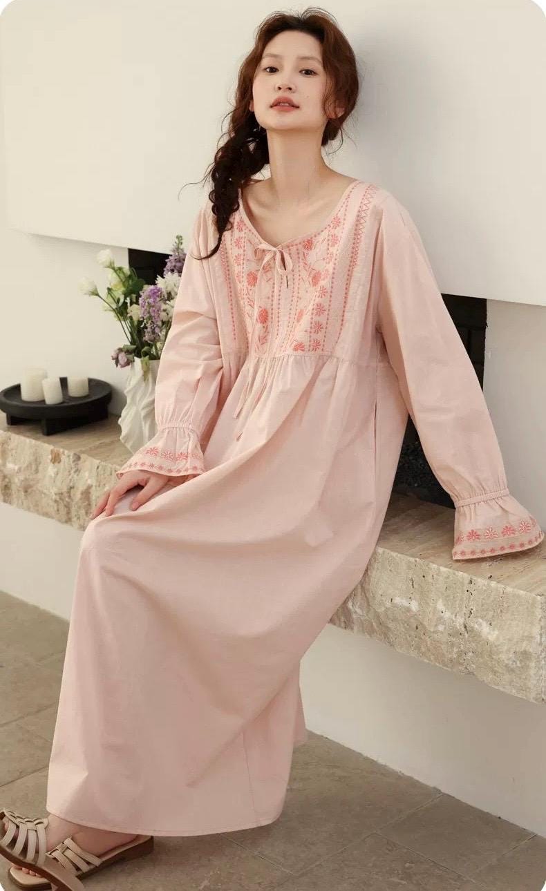 Lian Loungewear bamboo cotton embroidered pajama dress with floral embroidery, soft and comfortable sleepwear for women.