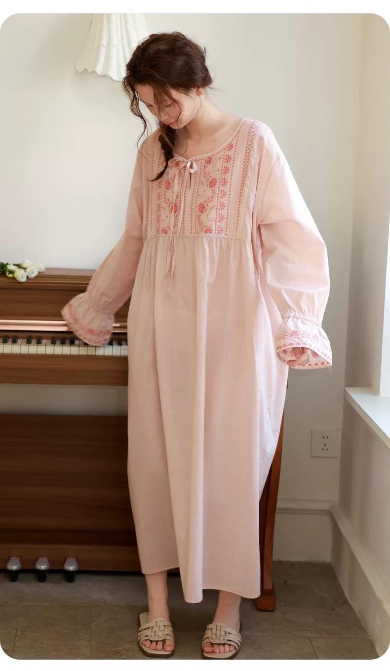 Lian Loungewear bamboo cotton embroidered pajama dress with floral embroidery, soft and comfortable for relaxed wear.