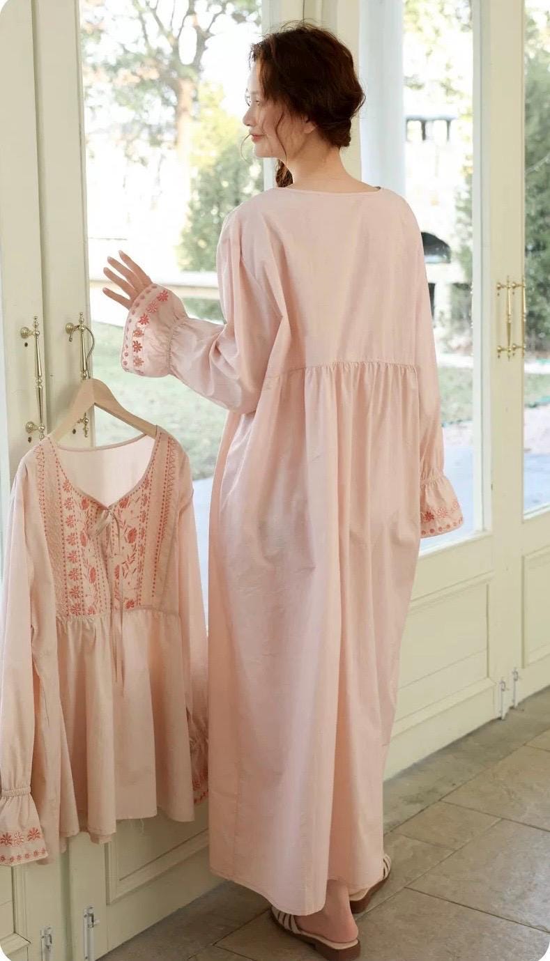 Lian Loungewear bamboo cotton embroidered pajama dress with floral embroidery, soft and comfortable for relaxed wear.