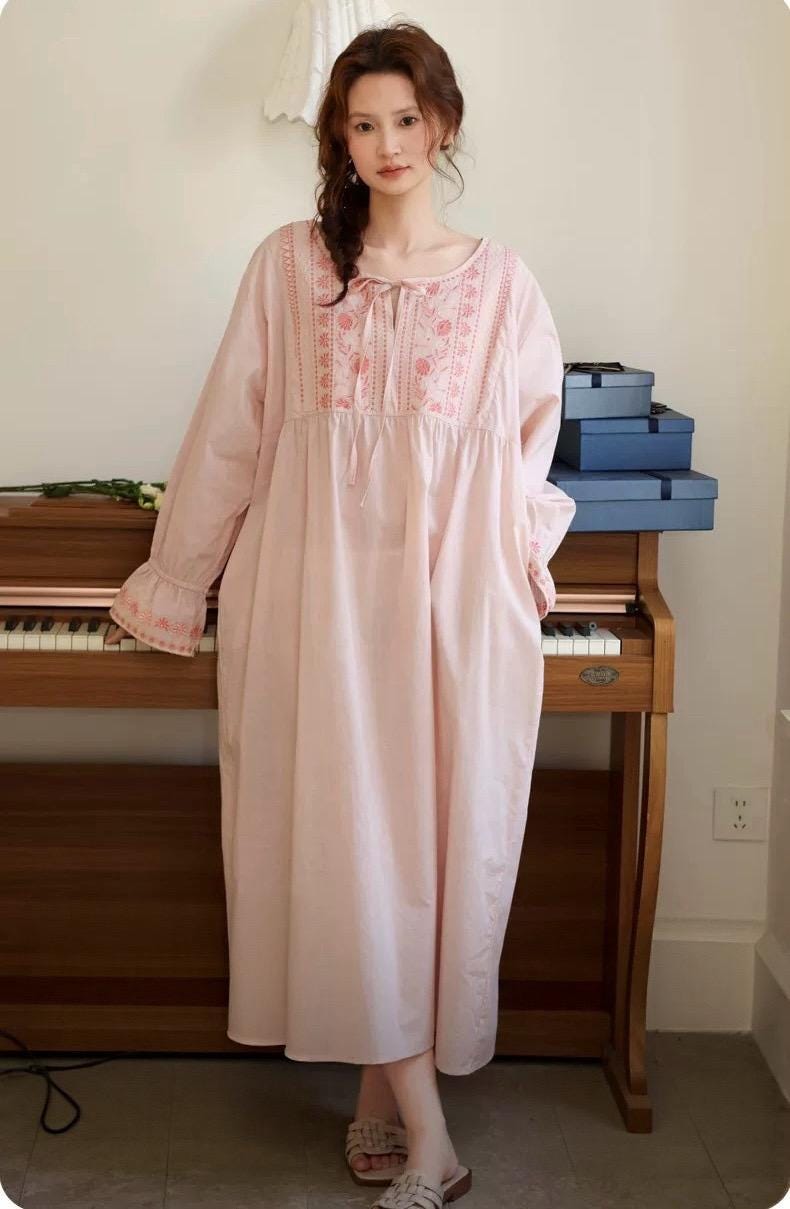 Lian Loungewear bamboo cotton embroidered pajama dress featuring floral embroidery and a relaxed fit, ideal for comfortable lounging.