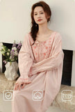 Lian Loungewear bamboo cotton embroidered pajama dress with floral embroidery and relaxed fit, soft and comfortable for lounging.