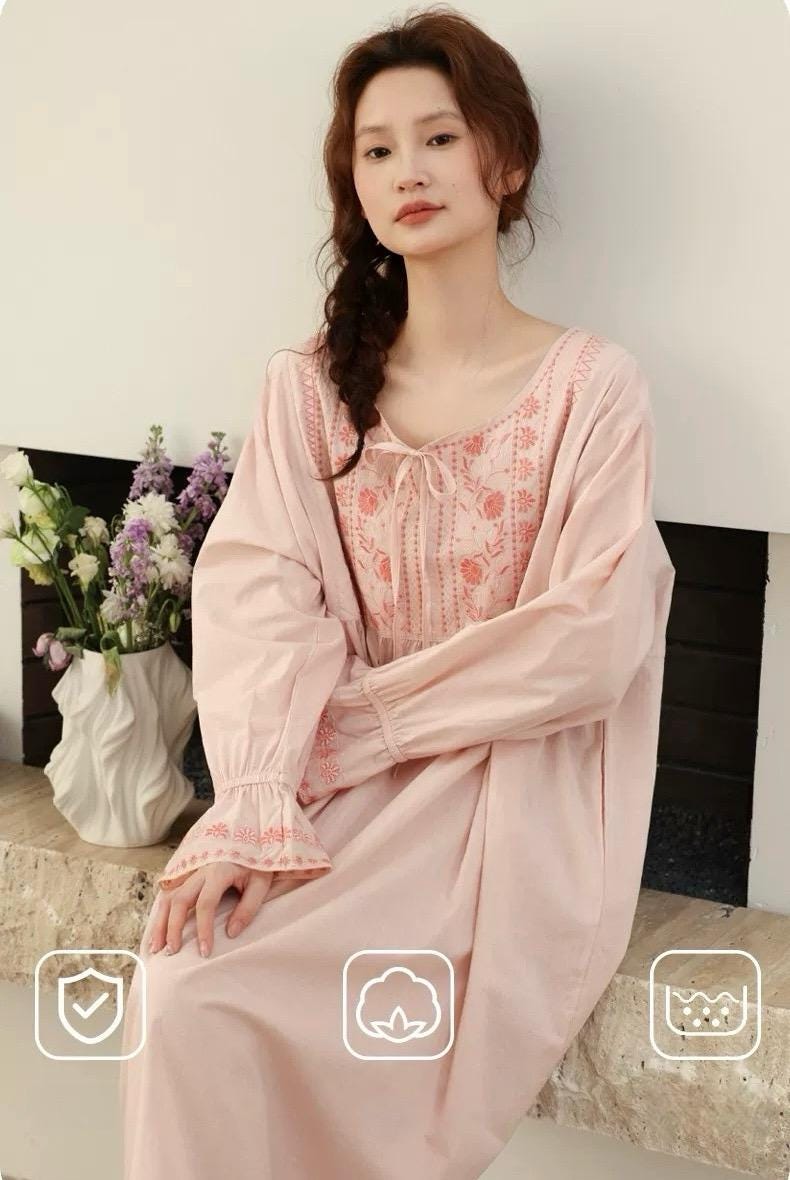 Lian Loungewear bamboo cotton embroidered pajama dress with floral embroidery and relaxed fit, soft and comfortable for lounging.