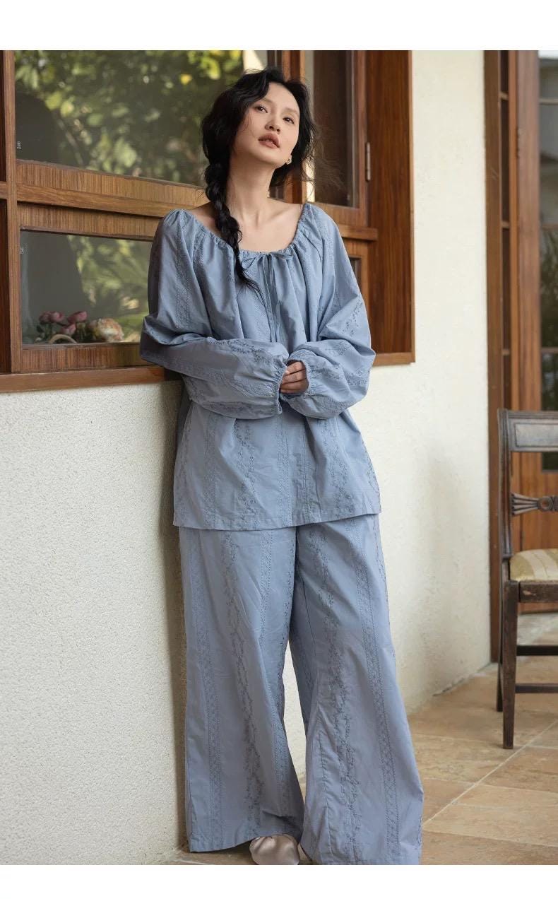 Lian Loungewear bamboo cotton embroidered oversized pajamas, muslin lounge-to-street loungewear, in Christmas gift box pack
