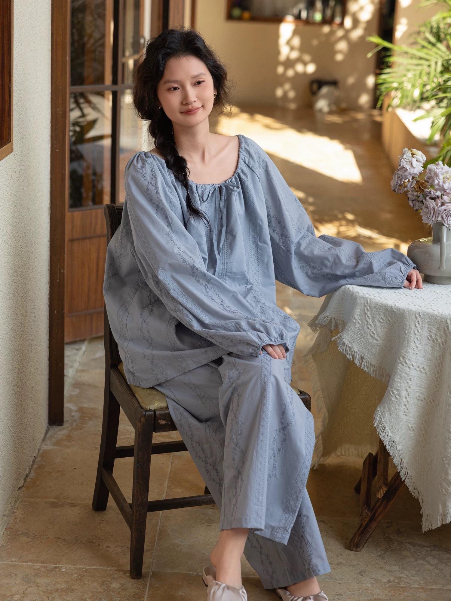 Lian Loungewear bamboo cotton embroidered oversized pajama set in muslin fabric, perfect for lounge-to-street wear, in Christmas gift box.