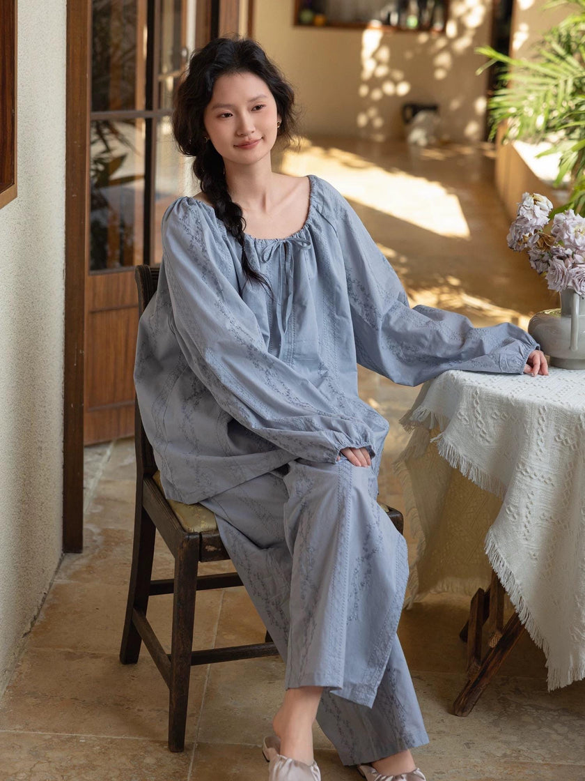 Lian Loungewear bamboo cotton embroidered oversized pajama set in muslin fabric, perfect for lounge-to-street wear, in Christmas gift box.