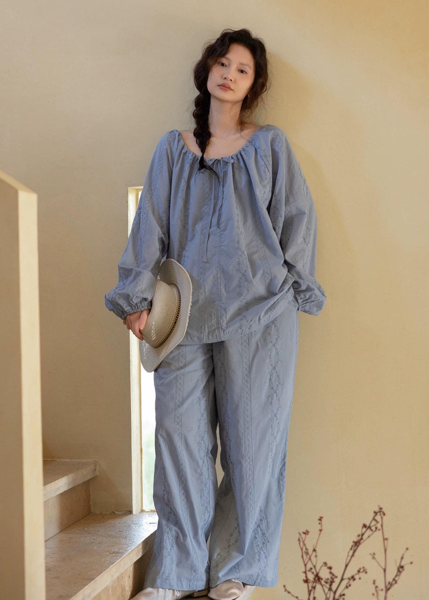 Lian Loungewear bamboo cotton embroidered oversized pajama set, muslin loungewear for lounge or street wear, in a Christmas gift box.