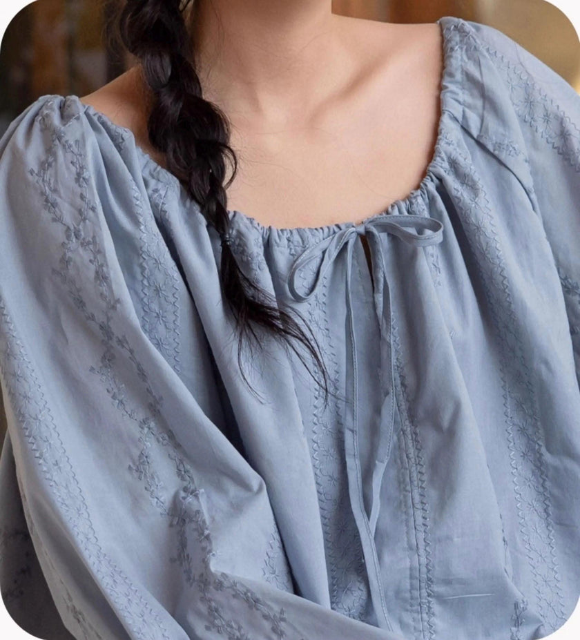 Lian Loungewear bamboo cotton embroidered oversized pajama set in muslin, perfect for lounge-to-street wear, with Christmas gift box.