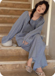 Lian Loungewear bamboo cotton embroidered oversized pajama set in muslin, perfect for lounging or street wear, with Christmas gift box.