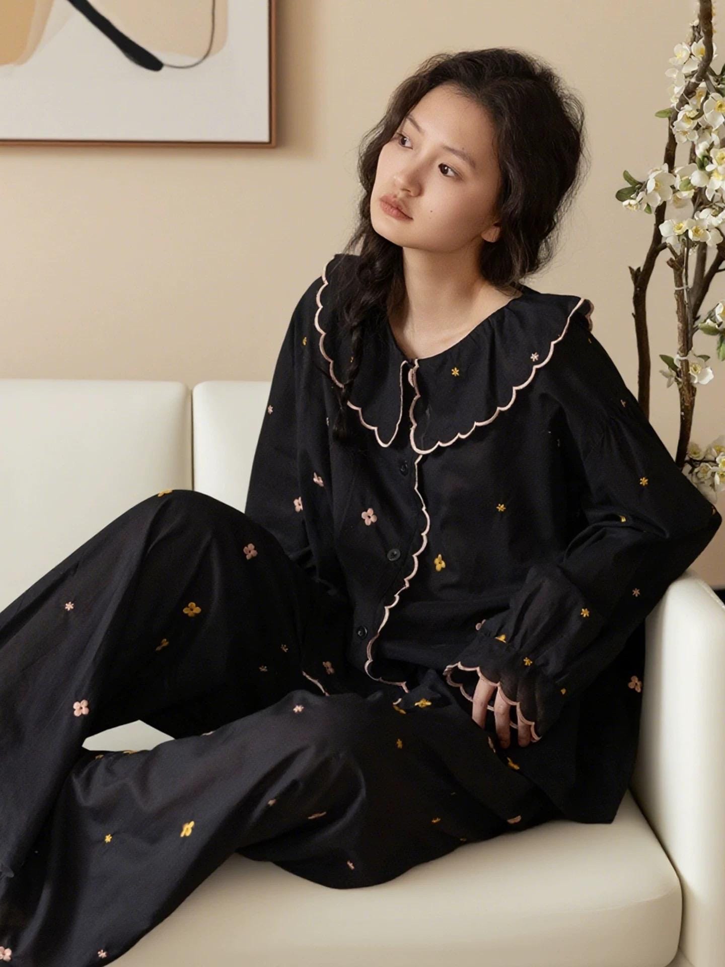 Lian Loungewear bamboo cotton pajama set featuring a scalloped Peter Pan collar dress, soft and comfortable sleepwear for women.