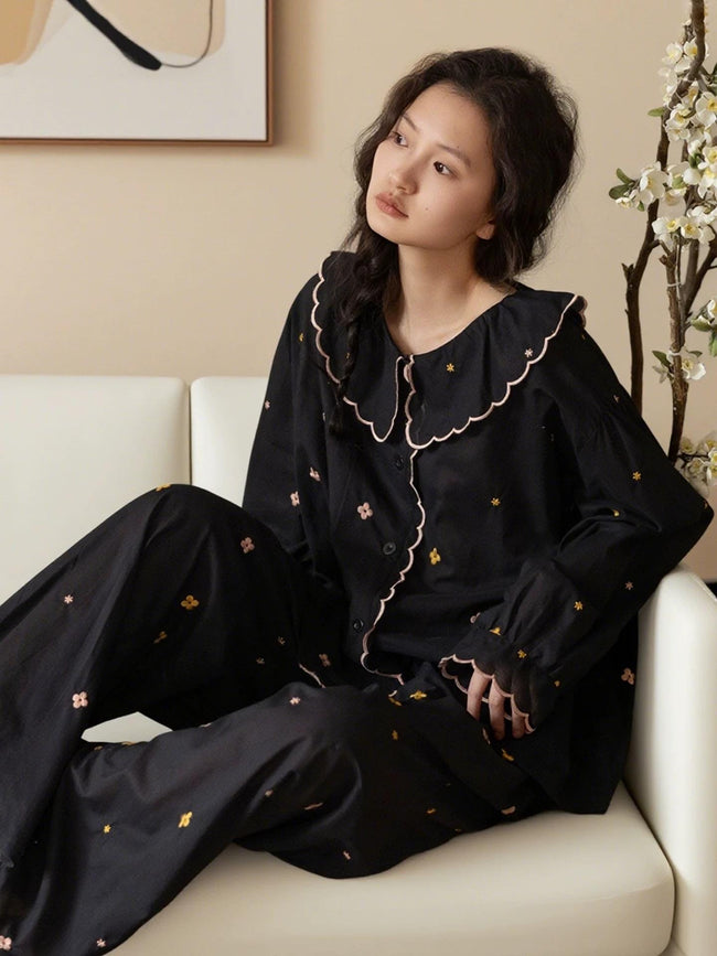 Lian Loungewear bamboo cotton pajama set featuring a scalloped Peter Pan collar dress, soft and comfortable sleepwear for women.