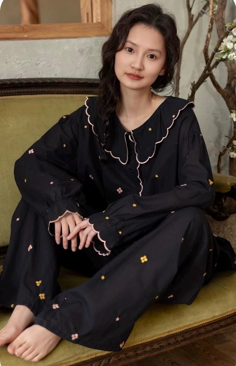 Lian Loungewear bamboo cotton pajama set with scalloped Peter Pan collar dress, soft and comfortable sleepwear for women.