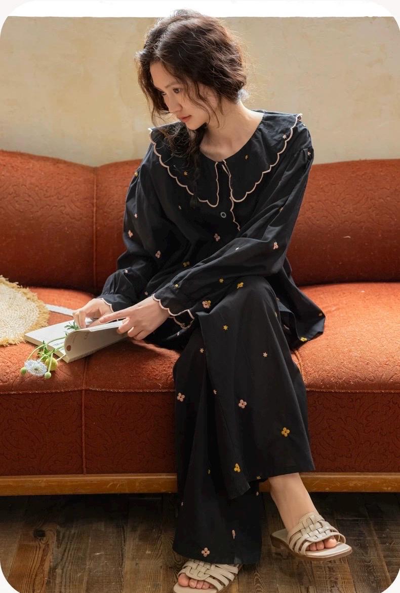 Lian Loungewear bamboo cotton pajama set with scalloped Peter Pan collar, soft and comfortable sleepwear dress.