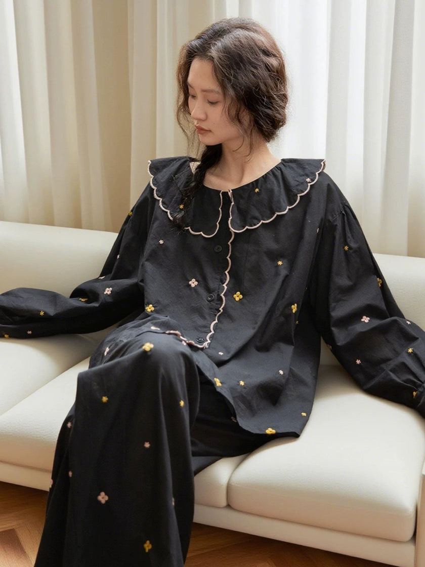 Lian Loungewear bamboo cotton pajama set featuring a scalloped Peter Pan collar dress, soft and comfortable for relaxing wear