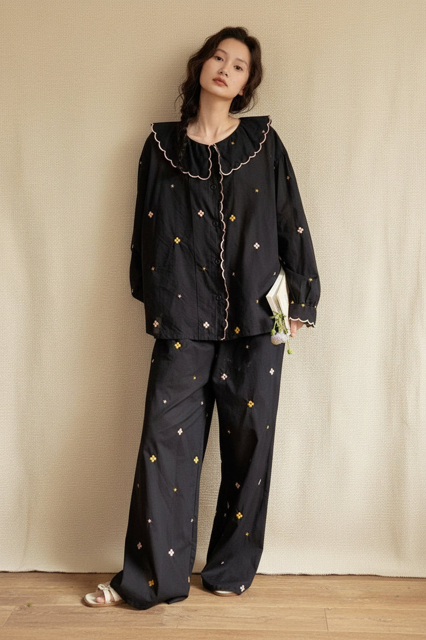 Lian Loungewear bamboo cotton pajama set with a scalloped Peter Pan collar dress, soft and comfortable sleepwear for women.