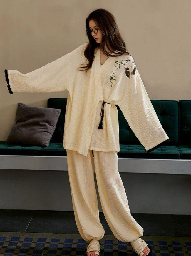 Lian Loungewear bamboo embroidered gauze cotton pajama set with kimono-style top and matching pants, soft and comfortable loungewear.