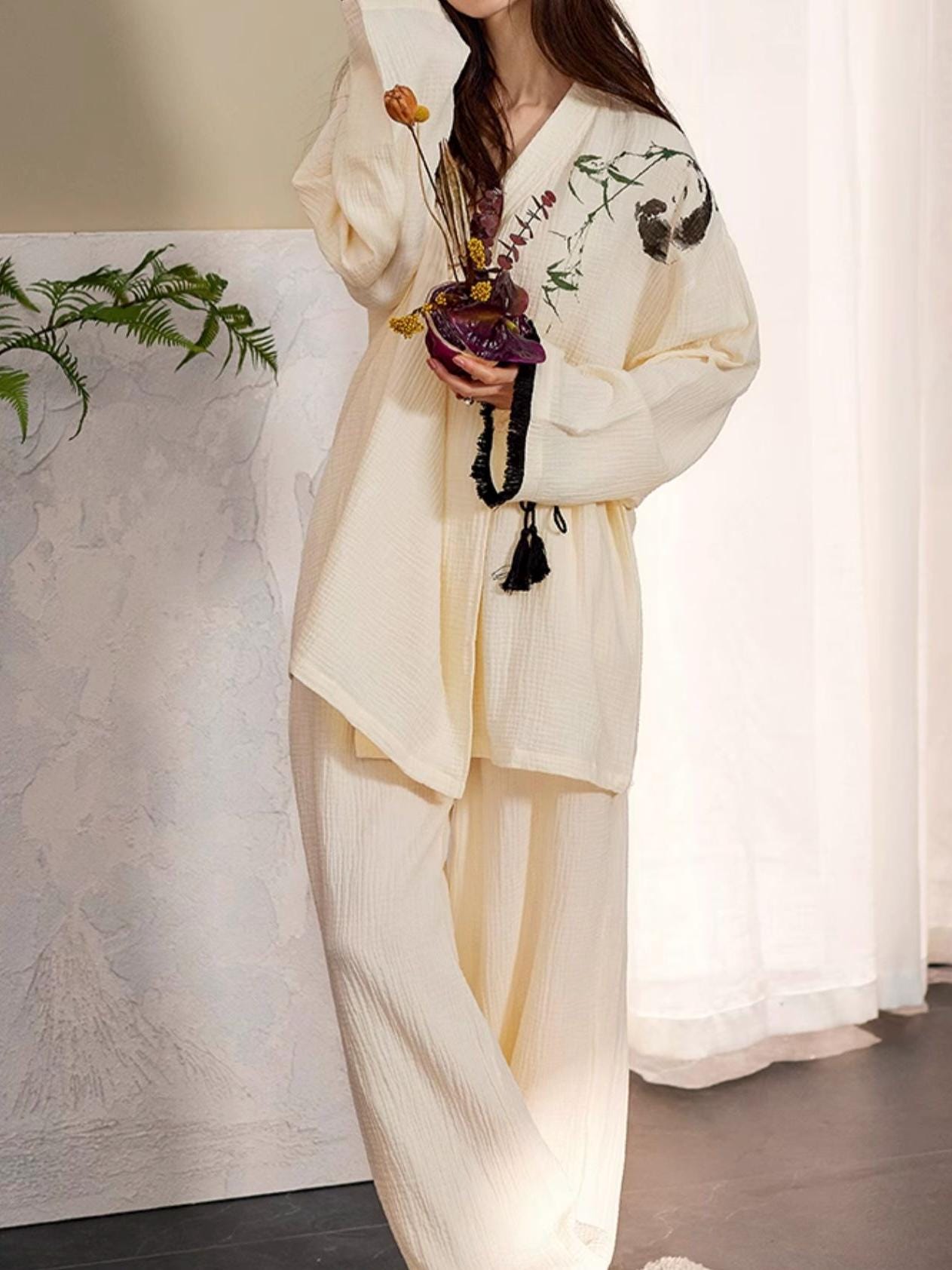 Bamboo embroidered gauze cotton pajama set by Lian Loungewear, featuring a kimono-style loungewear with intricate embroidery.