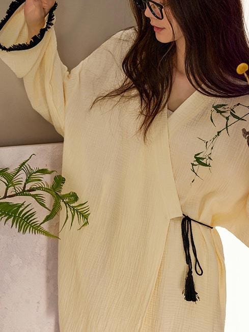 Lian Loungewear bamboo embroidered gauze cotton kimono pajama set, featuring soft fabric and delicate embroidery for comfortable loungewear.