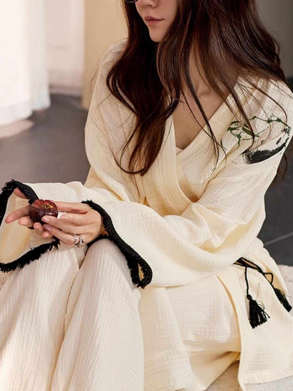 Lian Loungewear bamboo embroidered gauze cotton pajama set with kimono-style top and matching pants, soft and comfortable loungewear.