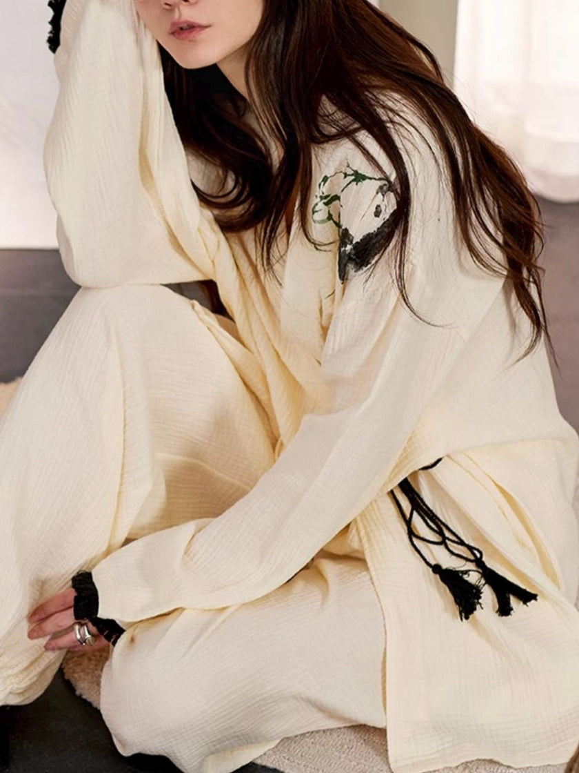 Lian Loungewear bamboo embroidered gauze cotton pajama set with kimono-style top and matching pants, soft and comfortable loungewear.