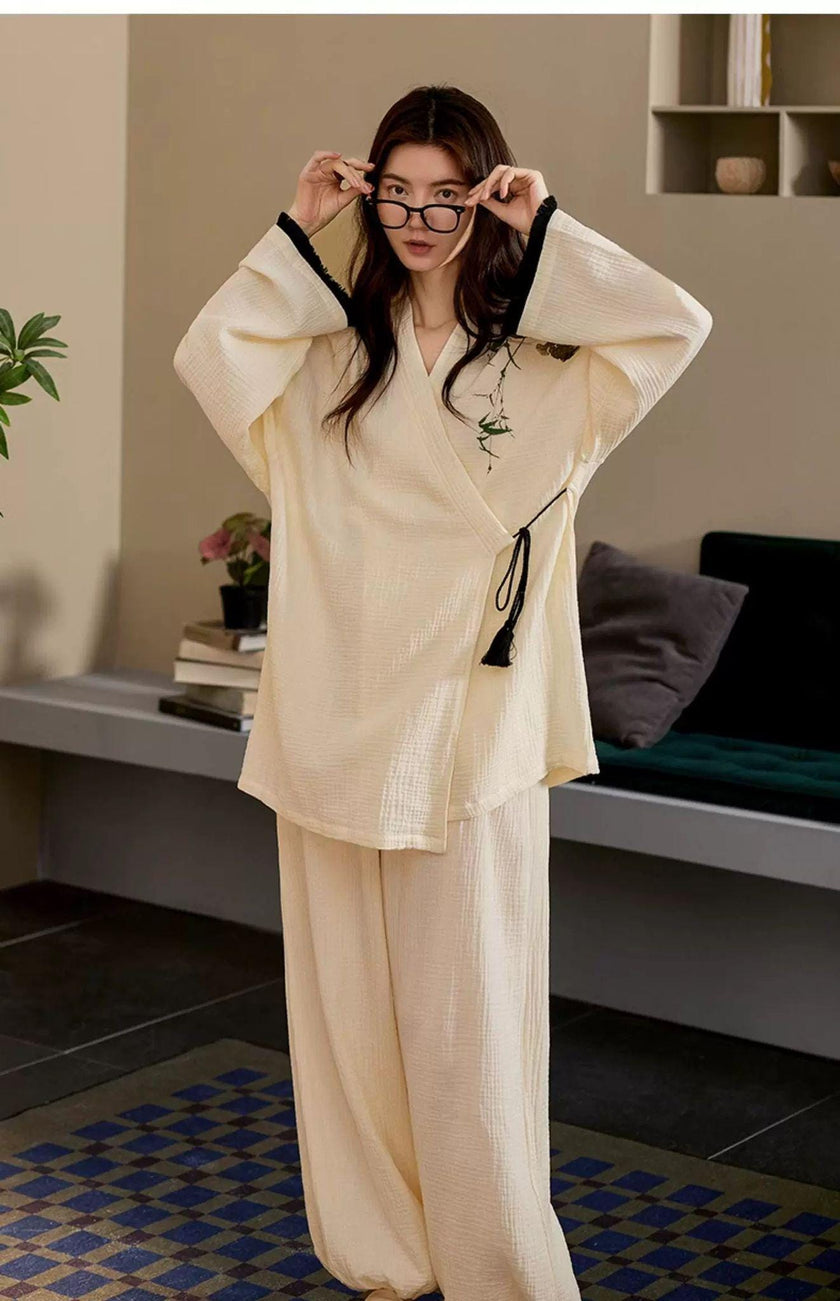 Lian Loungewear bamboo embroidered gauze cotton pajama set featuring a kimono-style loungewear with floral embroidery on soft fabric