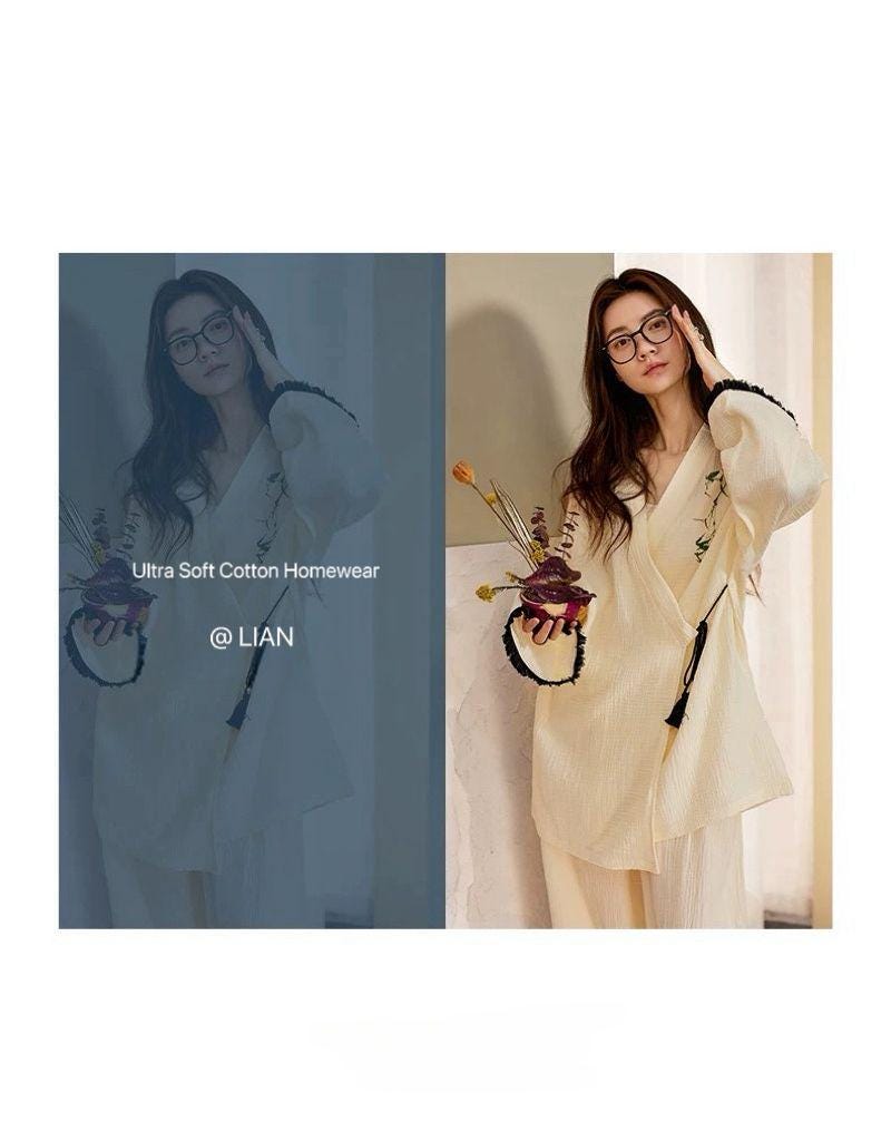 Lian Loungewear bamboo embroidered gauze cotton kimono pajama set with floral embroidery and relaxed fit for comfortable loungewear.