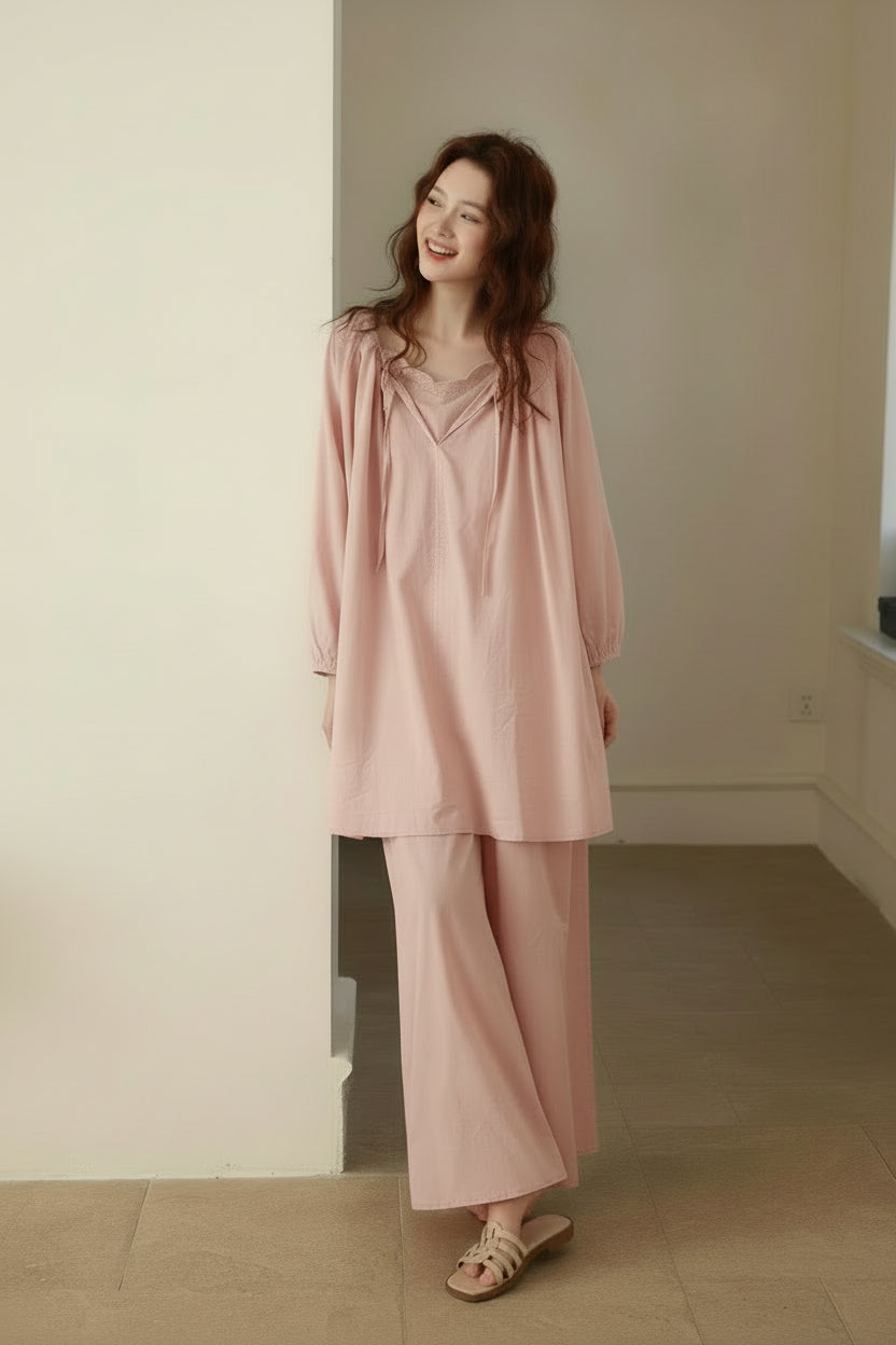 Lian Loungewear bamboo cotton pajama set with long and short pants, beige, soft, comfortable sleepwear for women.