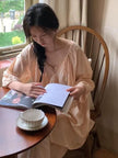 Lian Loungewear bamboo cotton pajama set with long and short pants in beige, soft and comfortable sleepwear for relaxing nights.