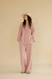 Lian Loungewear breathable cotton gauze pajama set with soft textured fabric, relaxed fit, and lining for comfortable sleep or lounging.