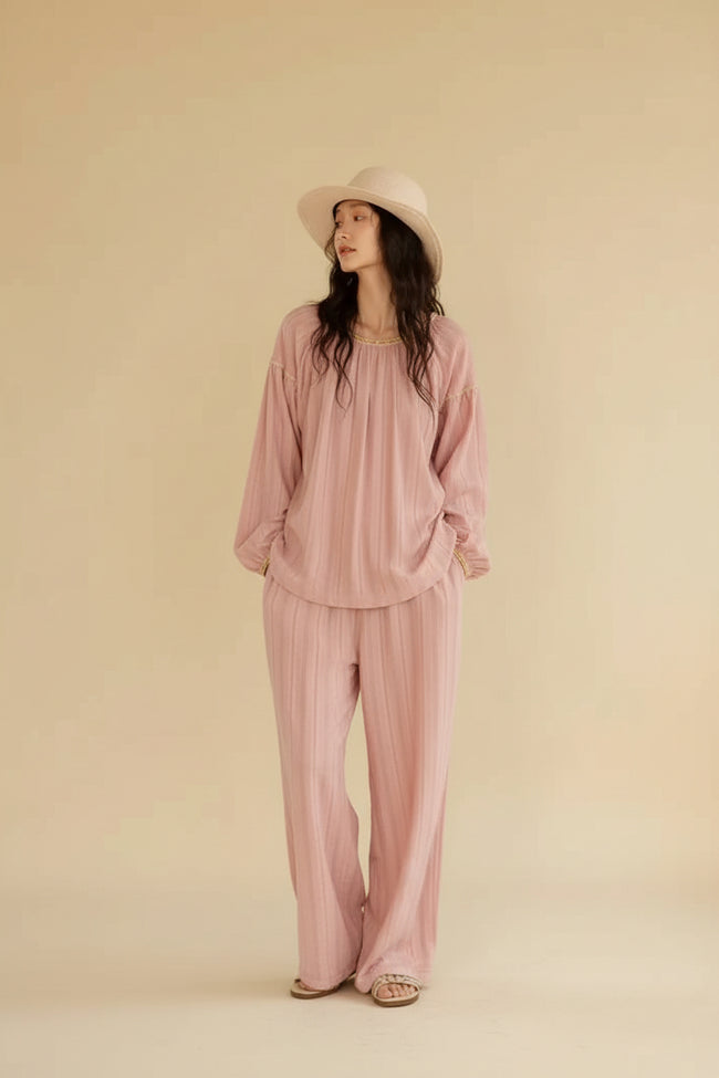 Lian Loungewear breathable cotton gauze pajama set with soft textured fabric, relaxed fit, and lining for comfortable sleep or lounging.