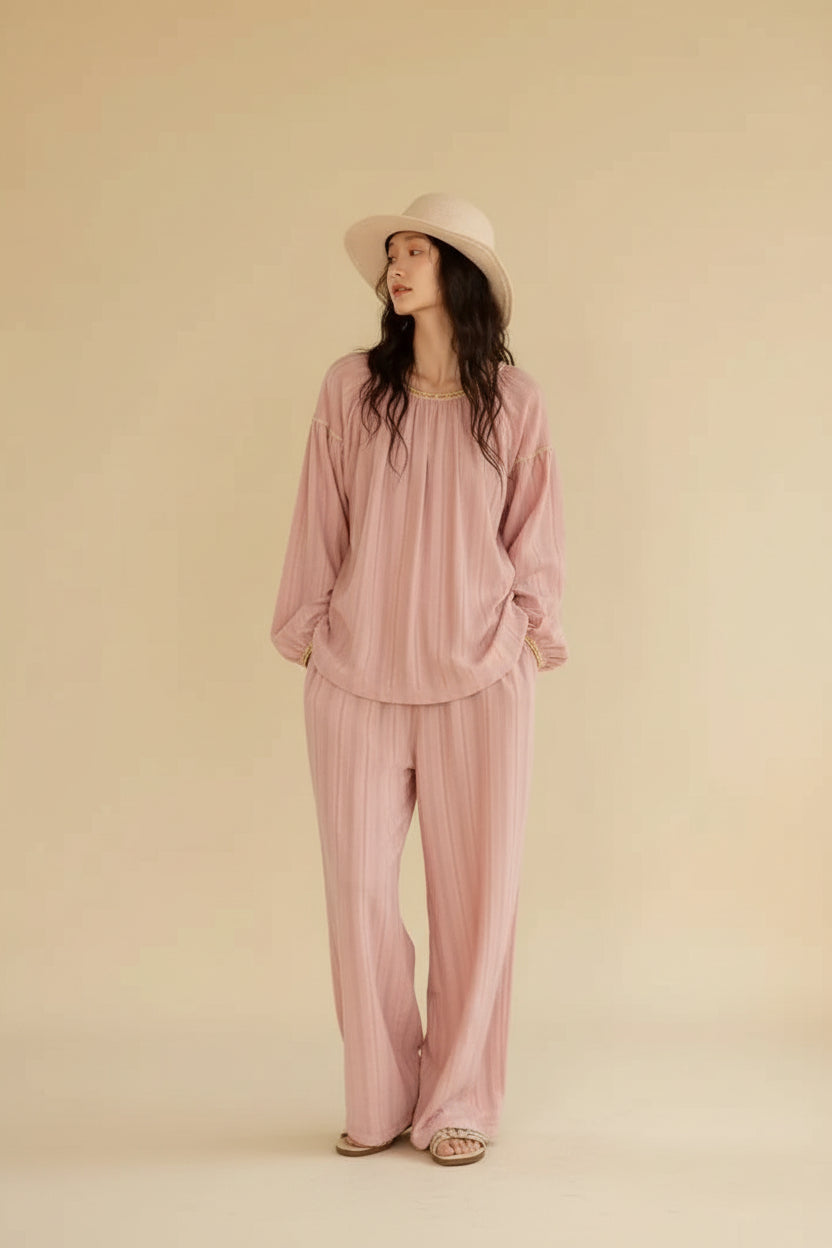 Lian Loungewear breathable cotton gauze pajama set with soft textured fabric, relaxed fit, and lining for comfortable sleep or lounging.
