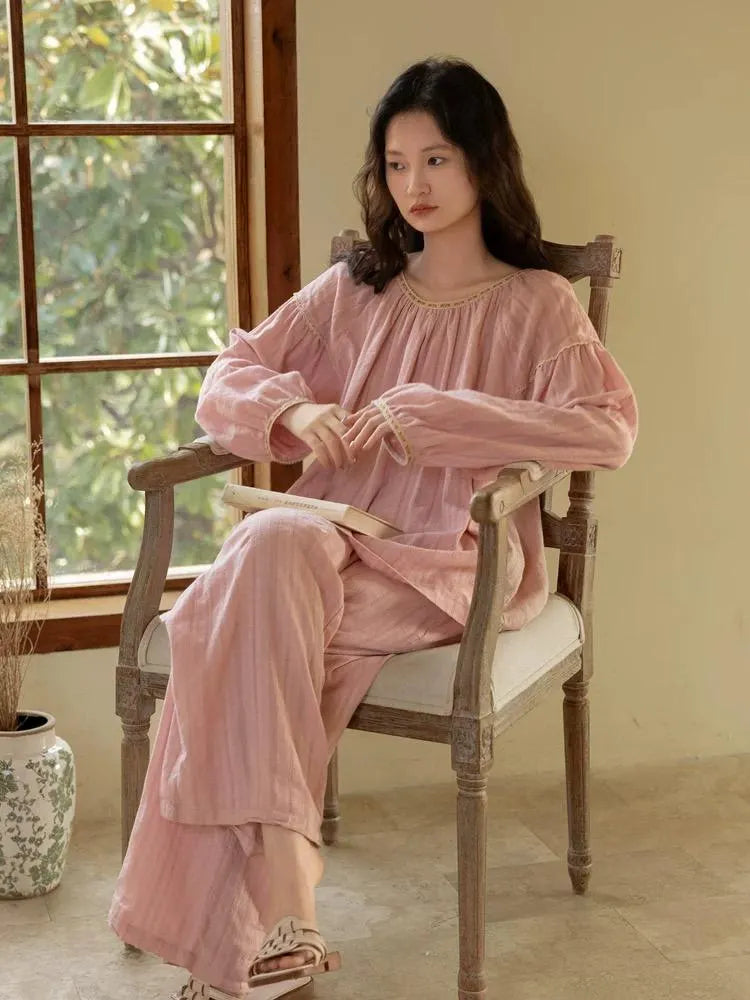 Lian Loungewear breathable cotton gauze pajama set with soft textured fabric, relaxed fit, and lining for comfortable sleep or lounging.