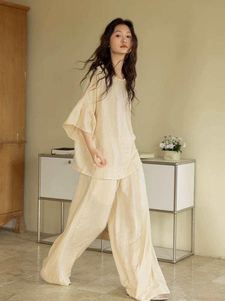 Lian Loungewear butter yellow bamboo lounge set with ruffle sleeve top and matching relaxed pants, soft and comfortable loungewear.