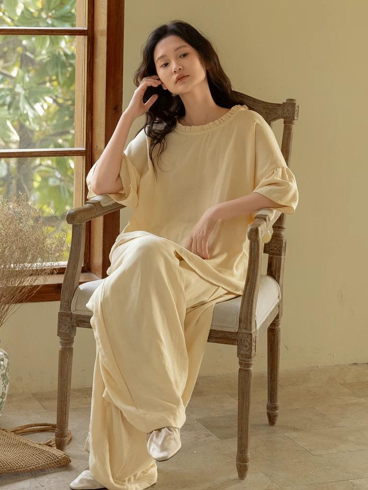 Butter yellow bamboo lounge set with ruffle sleeves from Lian Loungewear, cozy and stylish loungewear for relaxed days.