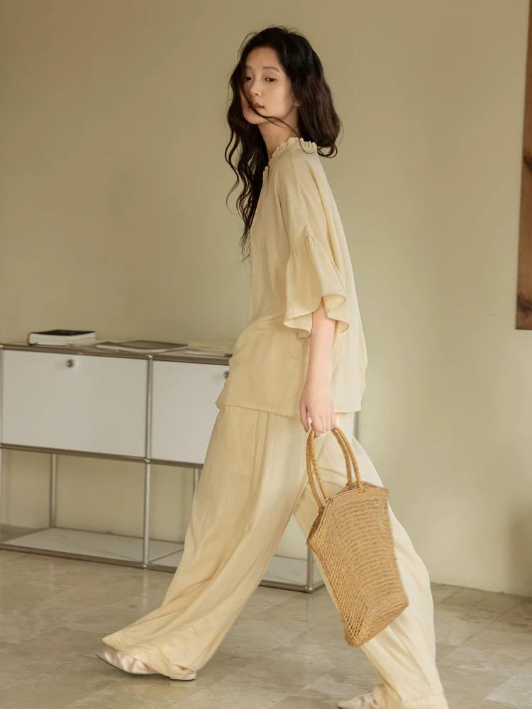 Butter yellow bamboo lounge set with ruffle sleeves from Lian Loungewear, featuring a relaxed, comfortable fit for casual wear.