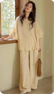 Butter yellow bamboo lounge set with ruffle sleeves from Lian Loungewear, featuring a comfortable, relaxed-fit loungewear ensemble.