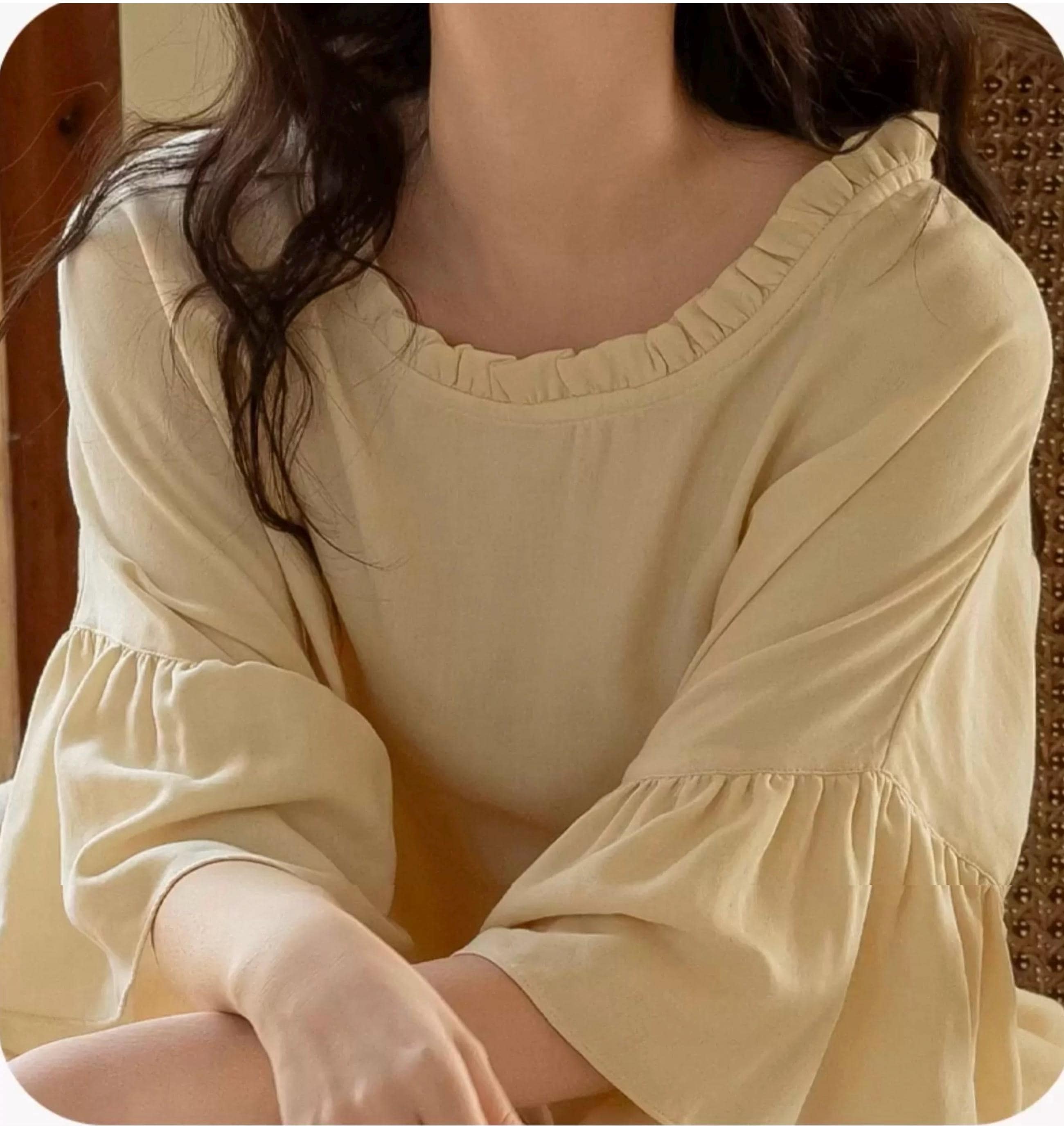 Butter yellow bamboo lounge set with ruffle sleeves from Lian Loungewear, featuring a comfortable, stylish loungewear look.