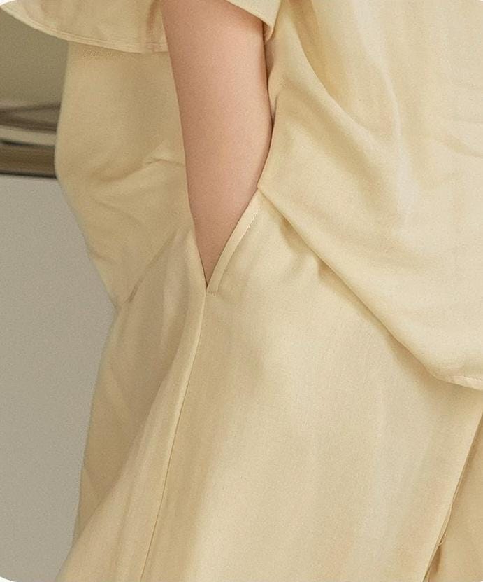 Butter yellow bamboo lounge set with ruffle sleeve loungewear by Lian Loungewear, featuring soft, comfortable fabric and relaxed fit.
