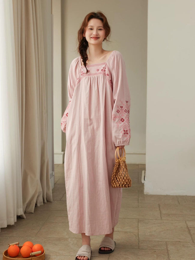 Lian Loungewear pink bamboo slub cotton pajama dress with a relaxed fit and soft fabric, ideal for comfortable loungewear.