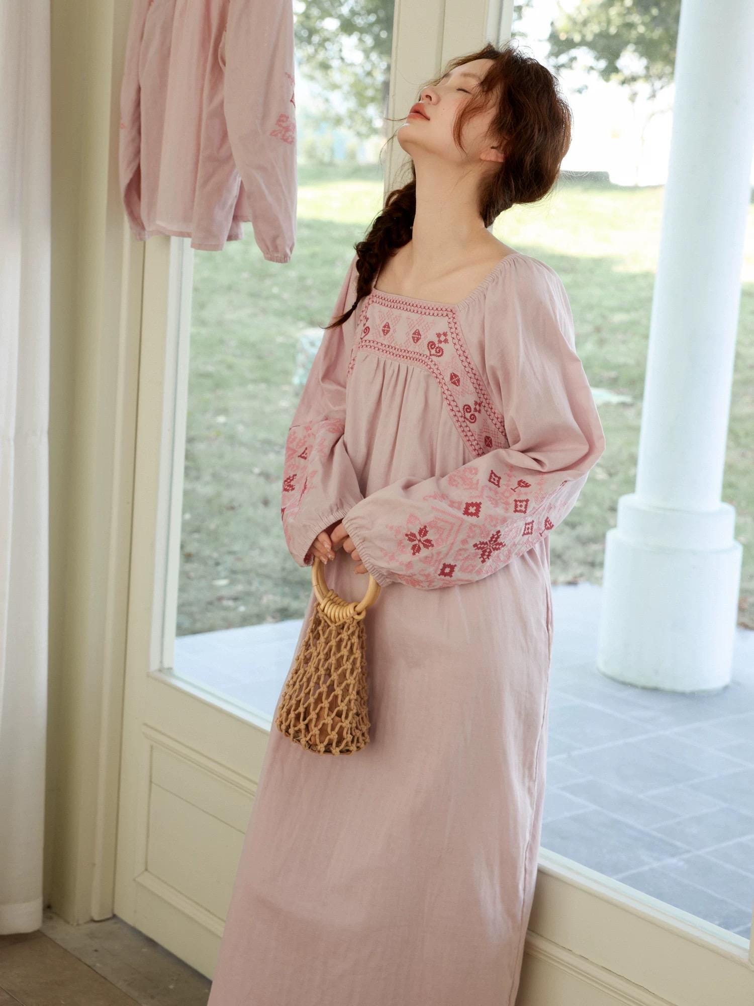 Pink bamboo slub cotton Lian Loungewear pajama dress with a relaxed, comfortable fit and soft fabric.