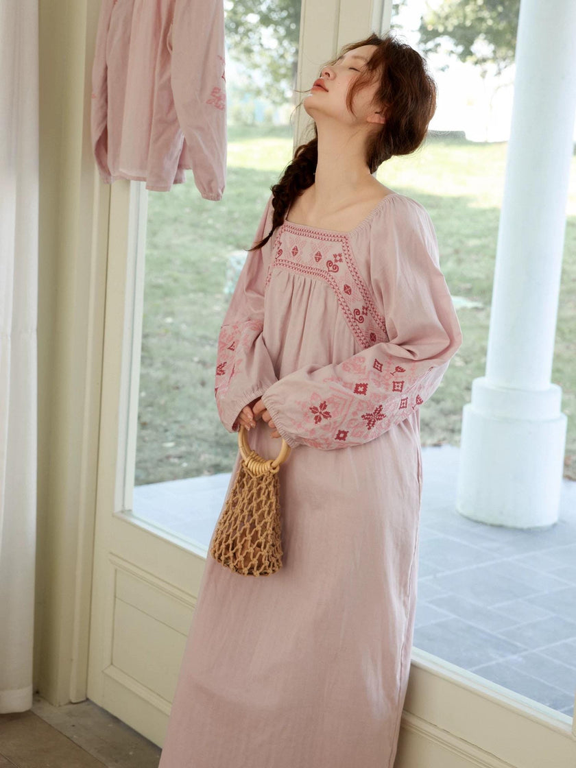 Pink bamboo slub cotton Lian Loungewear pajama dress with a relaxed, comfortable fit and soft fabric.