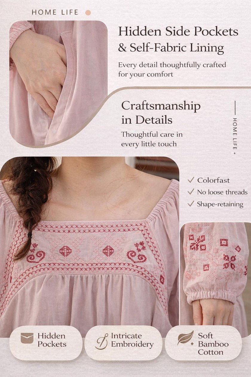 Pink bamboo slub cotton pajama dress by Lian Loungewear, soft and comfortable sleepwear with relaxed fit and casual style.