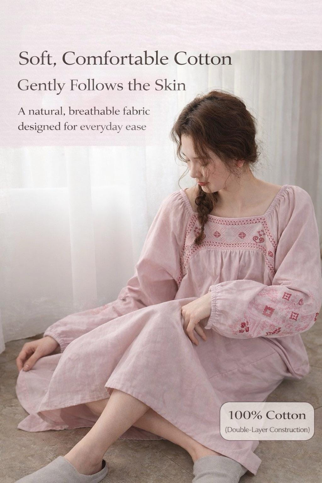 Pink bamboo slub cotton pajama dress by Lian Loungewear with a relaxed, comfortable fit and soft fabric for casual wear.