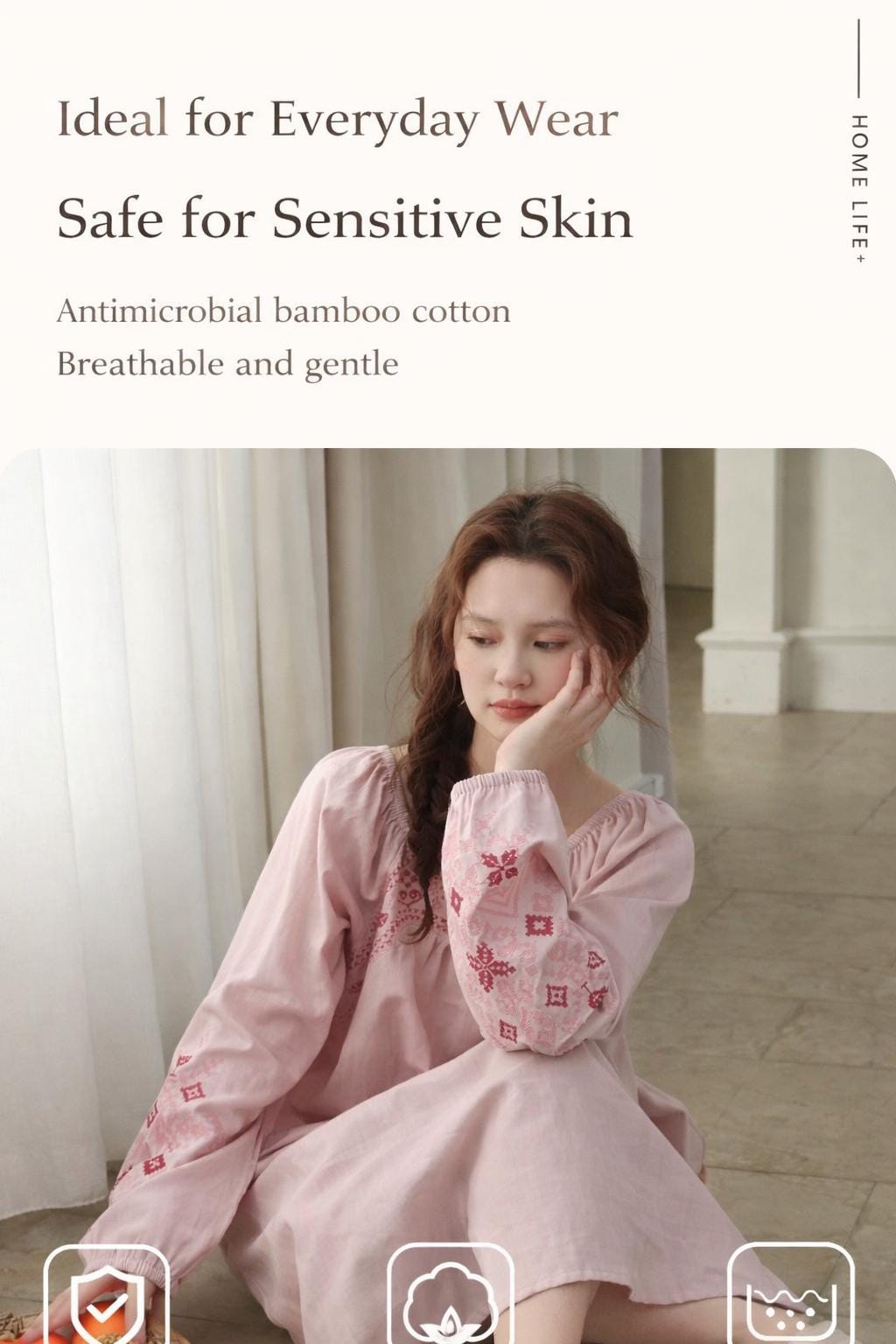 Pink bamboo slub cotton pajama dress by Lian Loungewear, featuring a comfortable, relaxed fit and soft fabric for cozy loungewear.