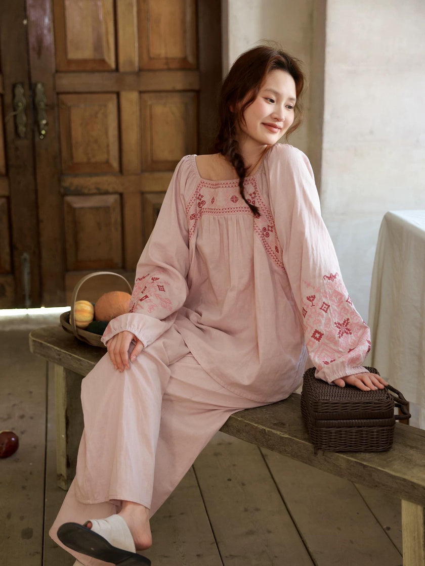 Pink bamboo slub cotton pajama dress by Lian Loungewear, soft and comfortable for relaxed wear.
