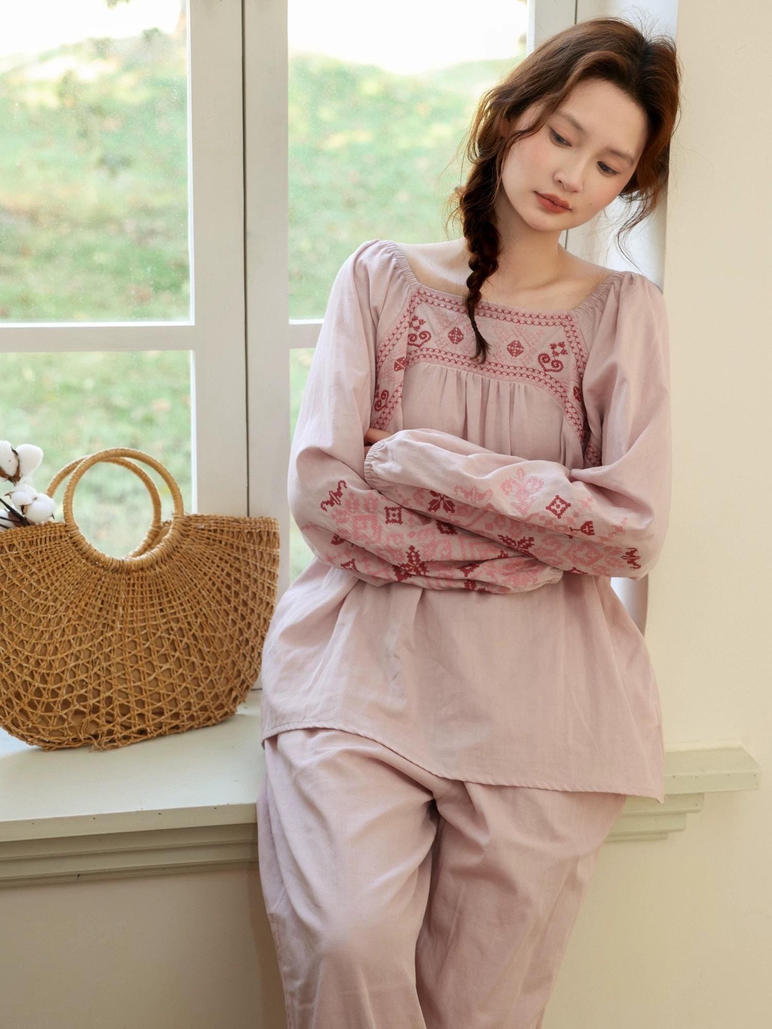 Pink bamboo slub cotton pajama dress by Lian Loungewear, featuring a comfortable relaxed fit and soft fabric.