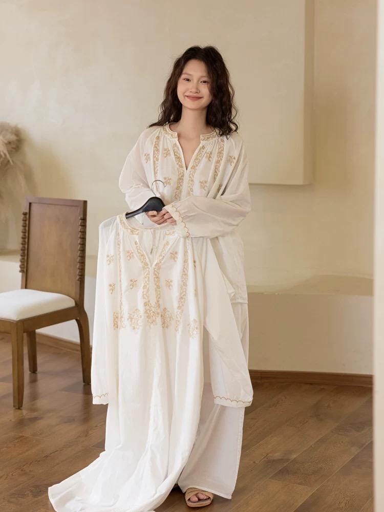 Lian Loungewear embroidered cotton pajamas set with a loose-fit nightgown dress, soft breathable slub cotton lounge sleepwear.