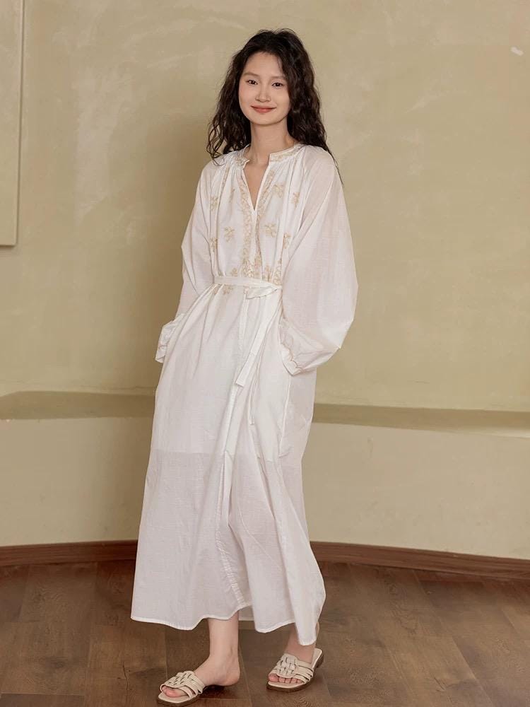 Lian Loungewear embroidered cotton pajamas set with a loose fit nightgown dress, soft breathable slub cotton sleepwear, lounge or street.