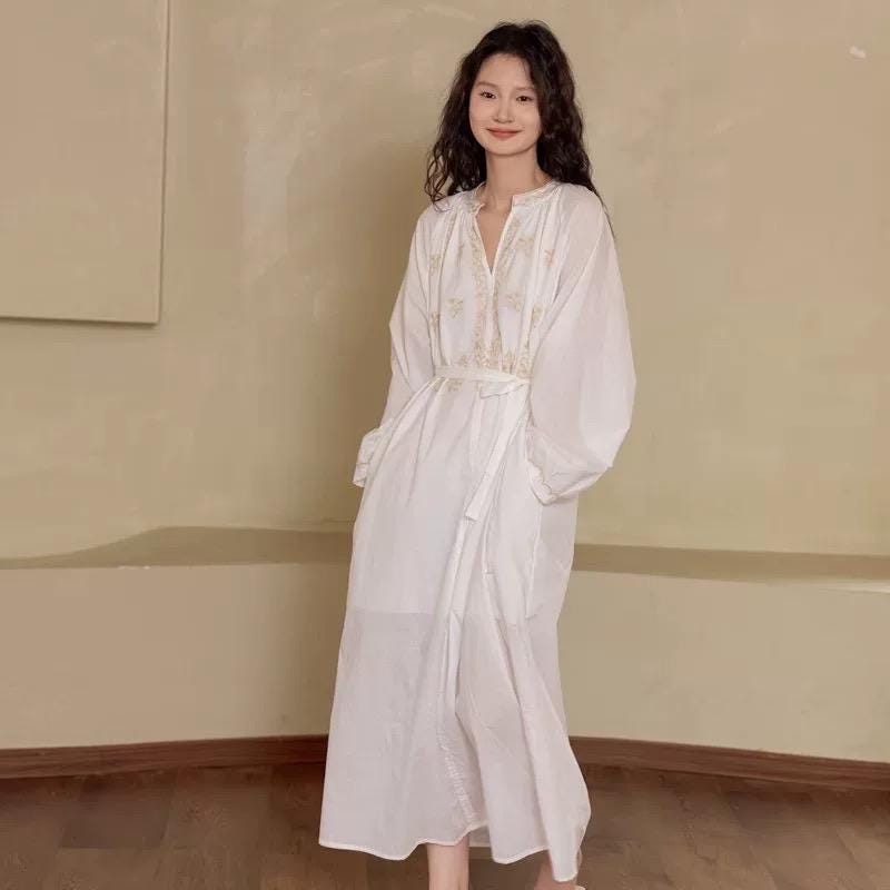 Lian Loungewear embroidered cotton pajamas set with a loose fit, breathable slub cotton fabric, suitable for sleep or casual wear.