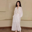 Lian Loungewear embroidered cotton pajamas set with a loose fit, breathable slub cotton fabric, suitable for sleep or casual wear.